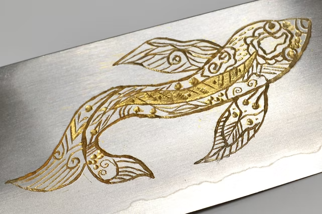Sakai Takayuki Gold Filled Engraving by Kubota Goldfish Silver Steel No.3 Santoku 180mm Ebony Wood (ferrule: Black Water Buffalo Horn And Silver Ring) Handle