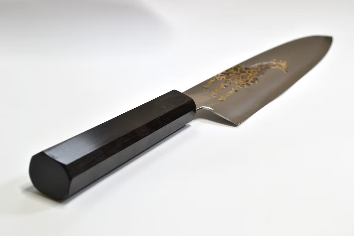 Sakai Takayuki Metal Decorated Engraving by Kubota Giraffe Silver Steel No.3 Gyuto 240mm Ebony Wood (ferrule: Black Water Buffalo Horn And Silver Ring) Handle