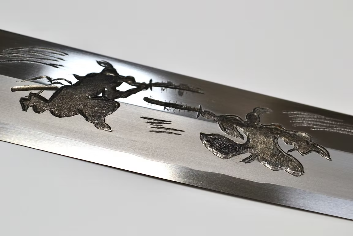 Sakai Takayuki Metal Decorated Engraving by Kubota Bushido Silver Steel No.3 Sakimaru Yanagiba 330mm Wenge (ferrule: Black Buffalo Horn) Handle