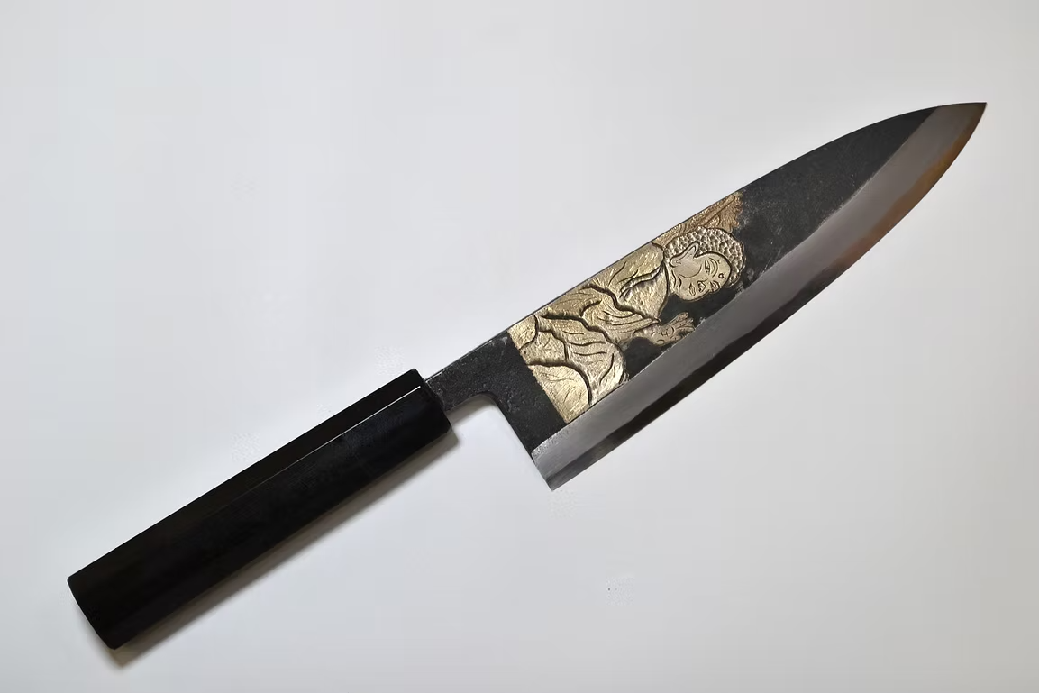 Sakai Takayuki Metal Decorated Engraving by Kubota Buddha White Steel No.2 Black Finished Deba 210mm Ebony Wood (ferrule: Black Water Buffalo Horn And Silver Ring) Handle