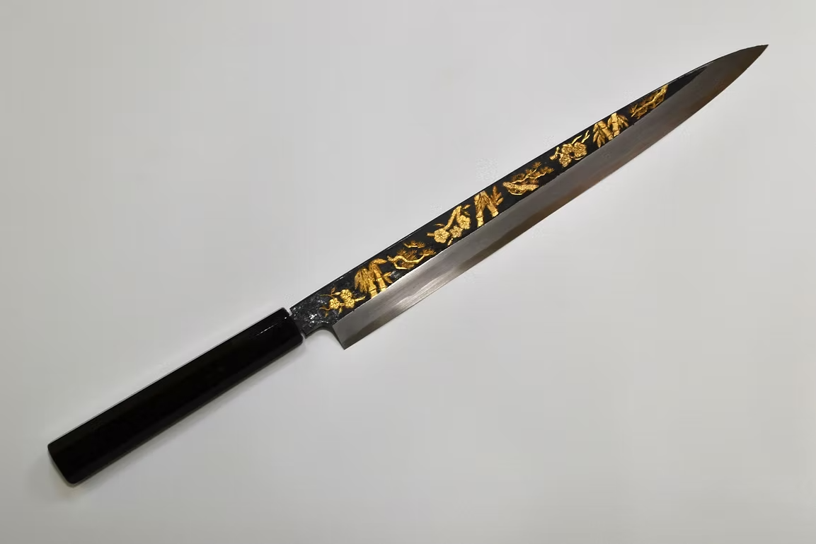 Sakai Takayuki Gold Filled Engraving by Kubota Shou Chiku Bai White Steel No.2 Black Finished Yanagiba 270mm Ebony Wood (ferrule: Black Water Buffalo Horn And Silver Ring) Handle
