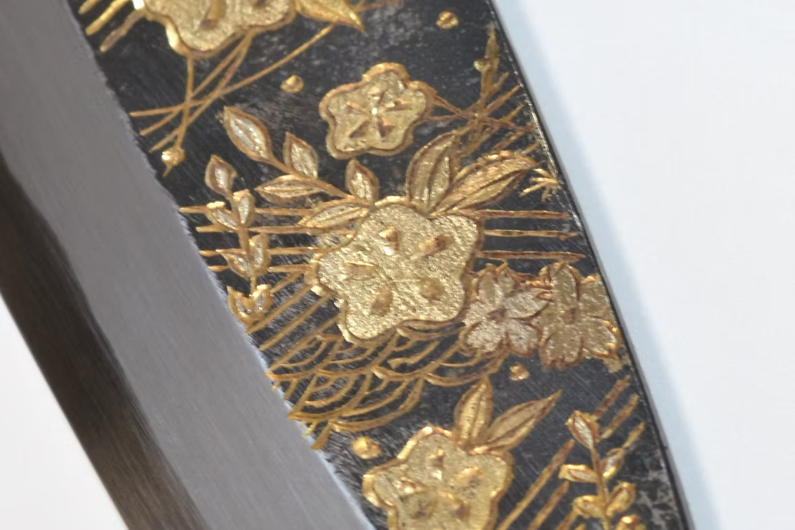 Sakai Takayuki Gold Filled Engraving by Kubota Karyū White Steel No.2 Black Finished Deba 165mm Ebony Wood (ferrule: Black Water Buffalo Horn And Silver Ring) Handle