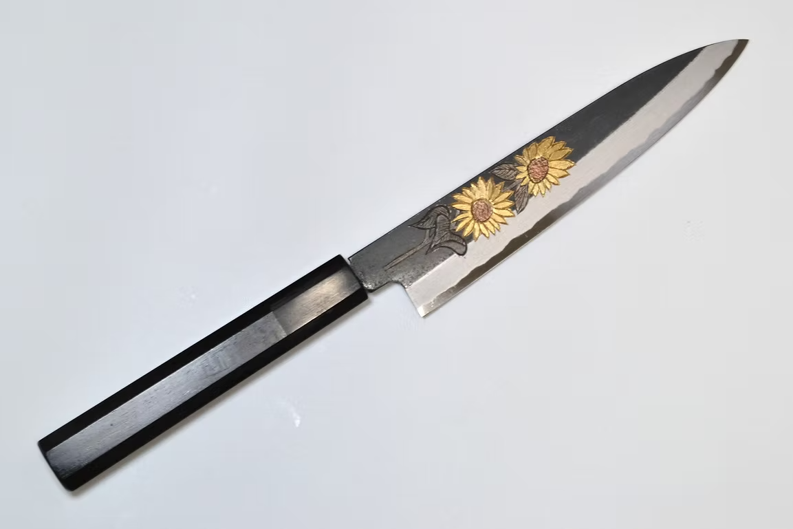 Sakai Takayuki Metal Decorated Engraving by Kubota Sunflower White Steel No.2 Black Finished Petty-Utility 150mm Ebony Wood (ferrule: Black Water Buffalo Horn And Silver Ring) Handle