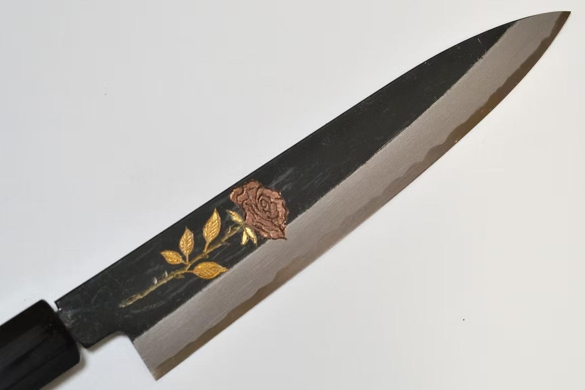 Sakai Takayuki Metal Decorated Engraving by Kubota Rose White Steel No.2 Black Finished Petty-Utility 150mm Ebony Wood (ferrule: Black Water Buffalo Horn And Silver Ring) Handle