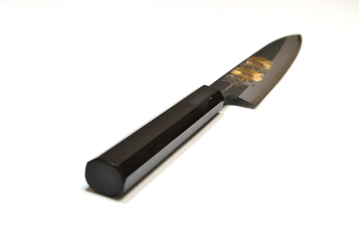 Sakai Takayuki Metal Decorated Engraving by Kubota Sunflower White Steel No.2 Black Finished Petty-Utility 150mm Ebony Wood (ferrule: Black Water Buffalo Horn And Silver Ring) Handle