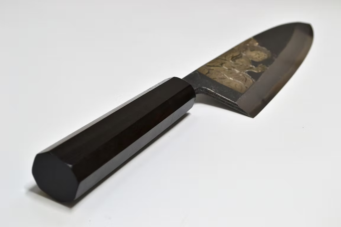 Sakai Takayuki Metal Decorated Engraving by Kubota Buddha White Steel No.2 Black Finished Deba 210mm Ebony Wood (ferrule: Black Water Buffalo Horn And Silver Ring) Handle