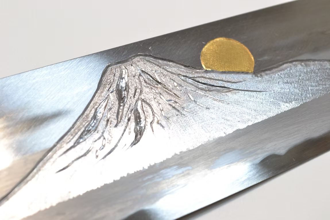 Sakai Takayuki Gold Filled Engraving by Kubota Sunset over Mt. Fuji Blue Steel No.2 Gyuto 240mm Magnolia (Ferrule: Water Buffalo Horn) Handle