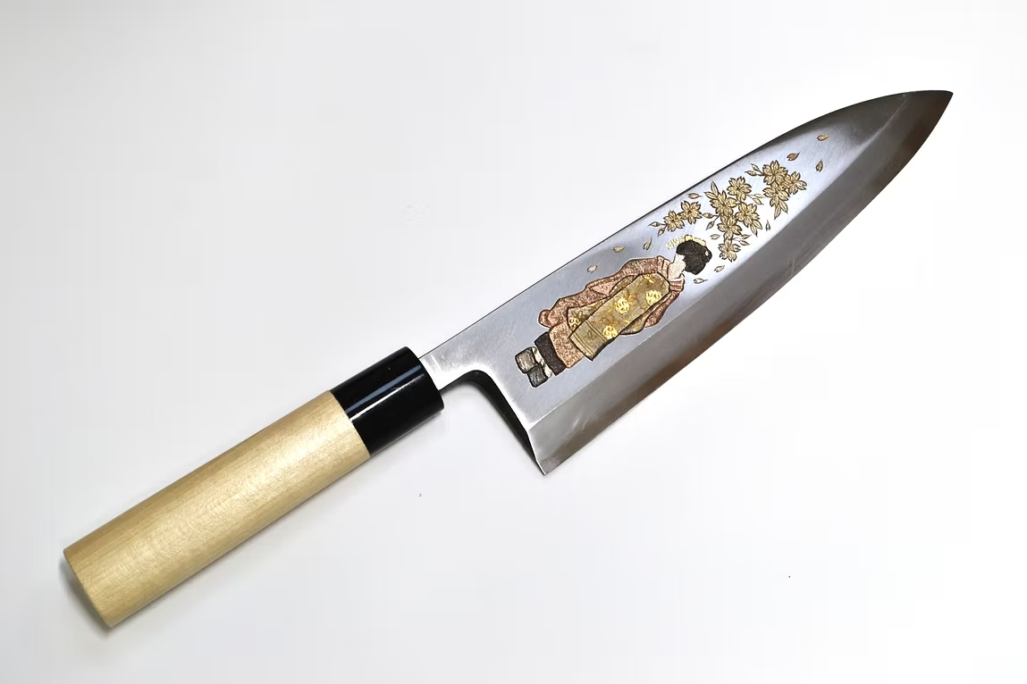 Sakai Takayuki Metal Decorated Engraving by Kubota Maiko and Sakura White Steel Kasumitogi Deba 240mm Magnolia (Ferrule: Water Buffalo Horn) Handle
