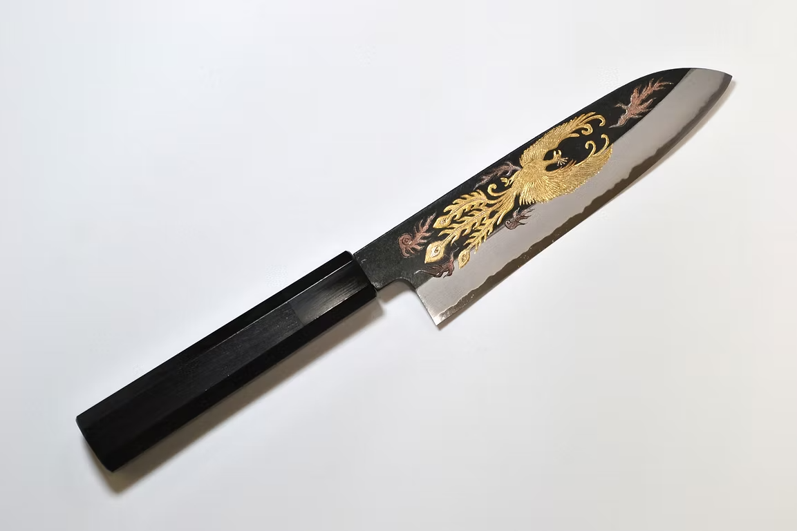 Sakai Takayuki Metal Decorated Engraving by Kubota Phoenix White Steel No.2 Black Finished Santoku 180mm Ebony Wood (ferrule: Black Water Buffalo Horn And Silver Ring) Handle