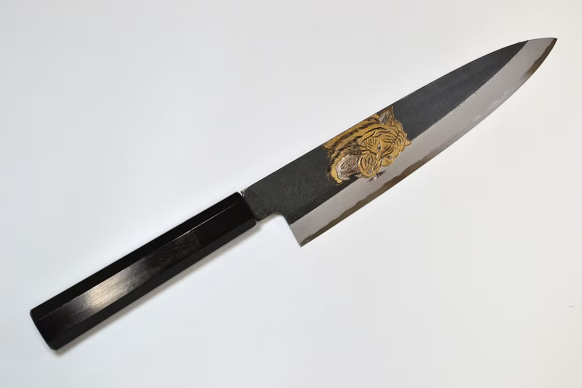 Sakai Takayuki Metal Decorated Engraving by Kubota Tiger’s Roar White Steel No.2 Black Finished Gyuto 210mm Ebony Wood (ferrule: Black Water Buffalo Horn And Silver Ring) Handle