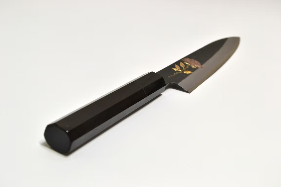 Sakai Takayuki Metal Decorated Engraving by Kubota Rose White Steel No.2 Black Finished Petty-Utility 150mm Ebony Wood (ferrule: Black Water Buffalo Horn And Silver Ring) Handle