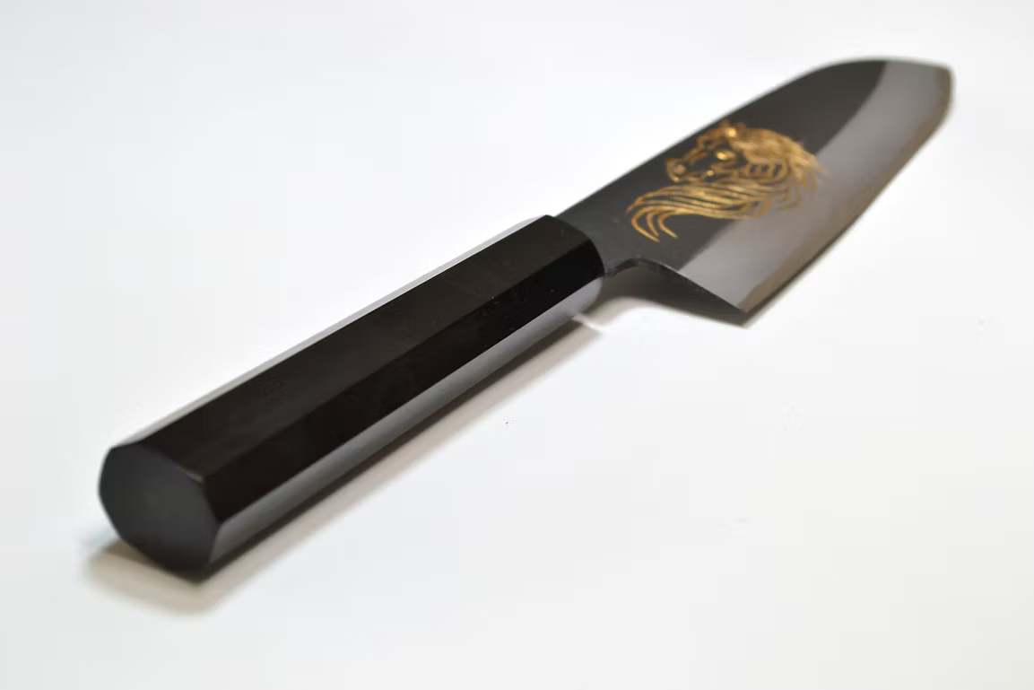 Sakai Takayuki Gold Filled Engraving by Kubota Celestial Horse White Steel No.2 Black Finished Santoku 180mm Ebony Wood (ferrule: Black Water Buffalo Horn And Silver Ring) Handle