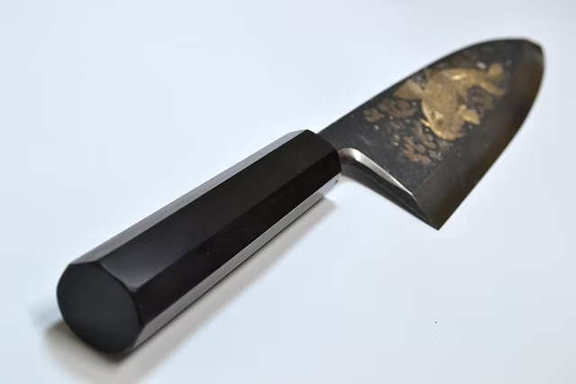 Sakai Takayuki Metal Decorated Engraving by Kubota Sojo no koi White Steel No.2 Black Finished Deba 240mm Ebony Wood (ferrule: Black Water Buffalo Horn And Silver Ring) Handle