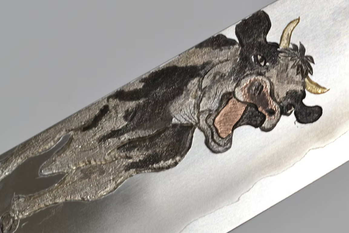 Sakai Takayuki Metal Decorated Engraving by Kubota Dairy Cow Silver Steel No.3 Gyuto 240mm Ebony Wood (ferrule: Black Water Buffalo Horn And Silver Ring) Handle