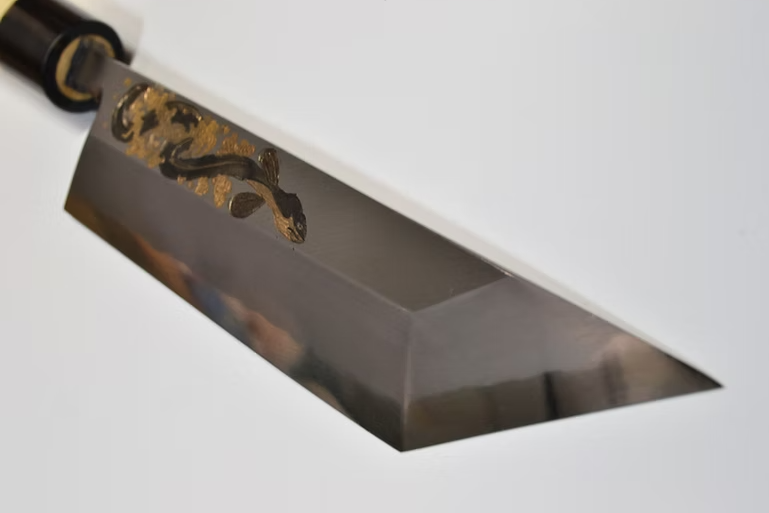 Sakai Takayuki Metal Decorated Engraving by Kubota Eel White Steel No.2 Kasumitogi Eel Knife 210mm Magnolia (Ferrule: Water Buffalo Horn) Handle