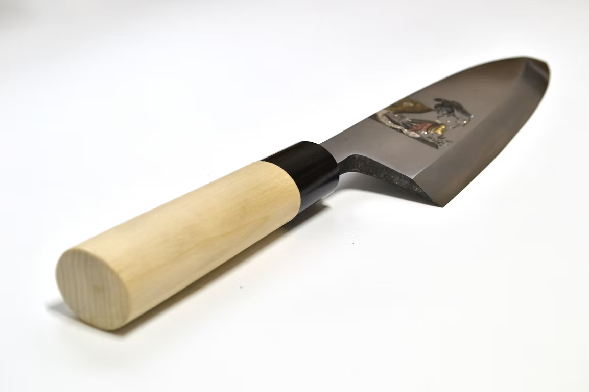 Sakai Takayuki Metal Decorated Engraving by Kubota Ukiyoe - Male White Steel Kasumitogi Deba 210mm Magnolia (Ferrule: Water Buffalo Horn) Handle