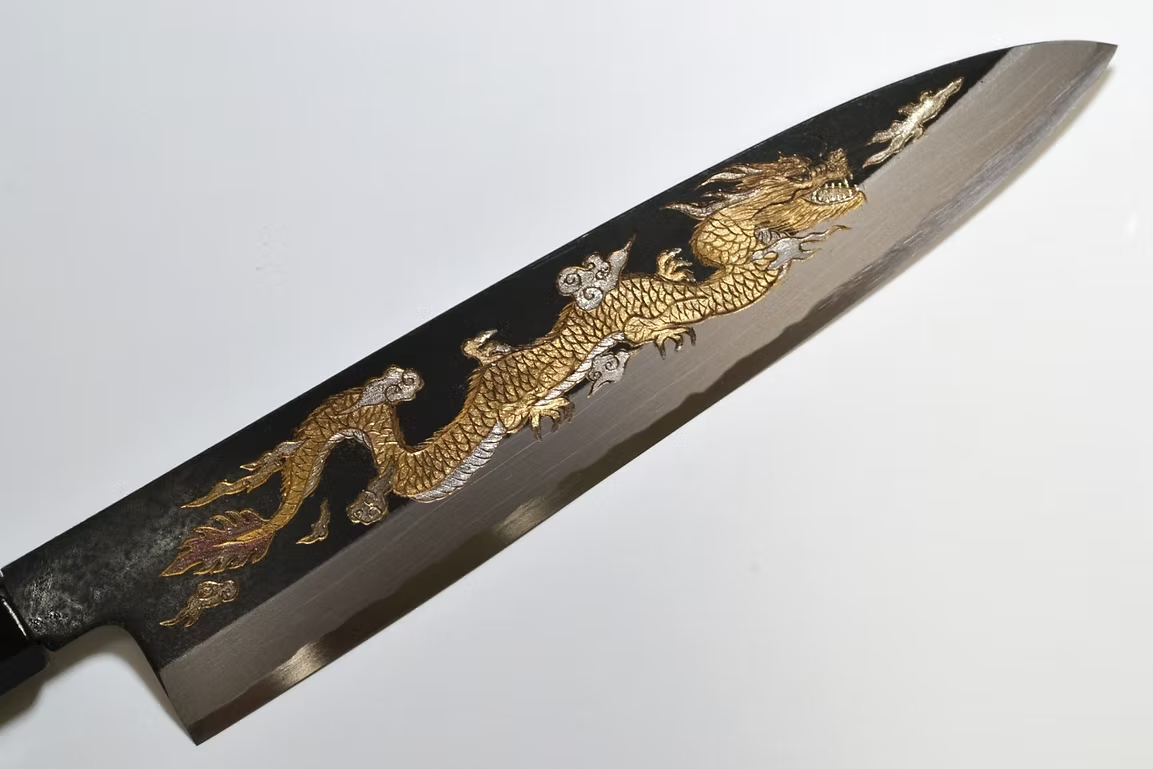 Sakai Takayuki Metal Decorated Engraving by Kubota Un ryū White Steel No.2 Black Finished Gyuto 240mm Ebony Wood (ferrule: Black Water Buffalo Horn And Silver Ring) Handle