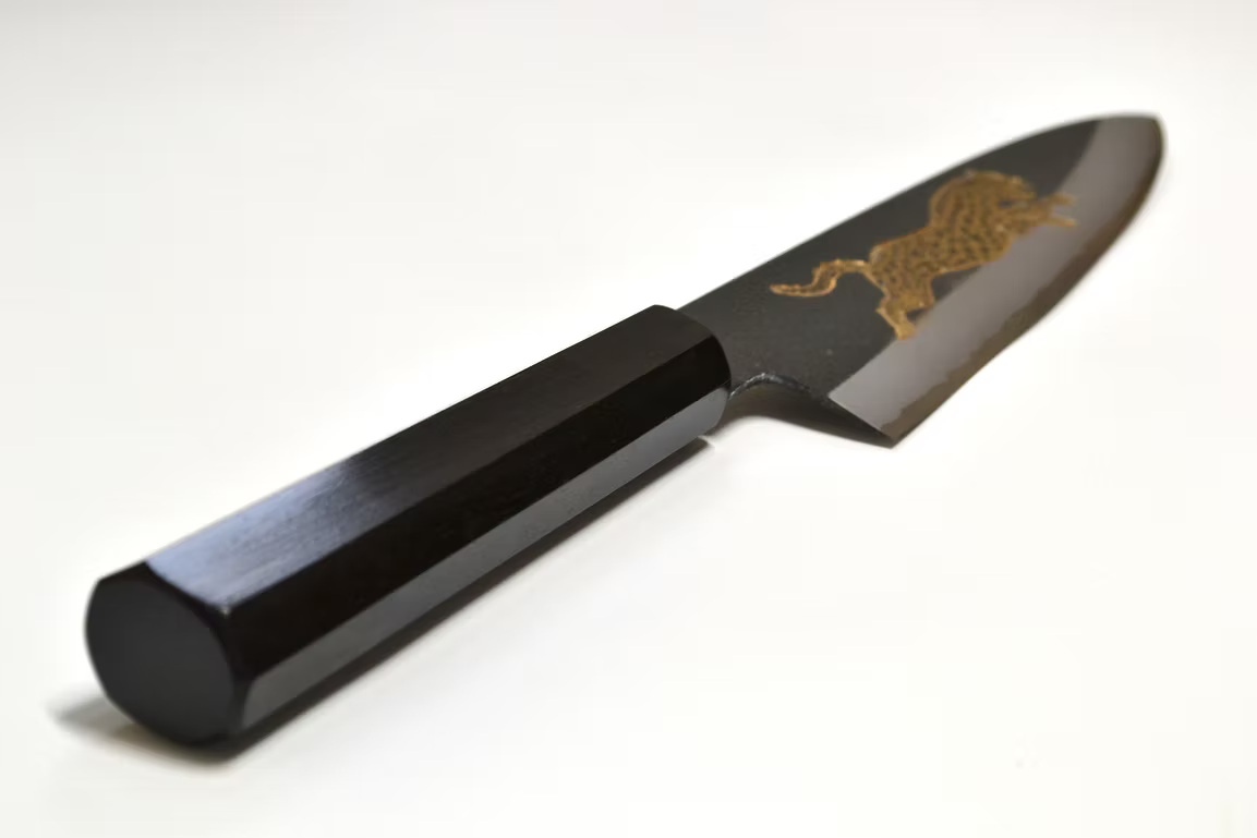 Sakai Takayuki Metal Decorated Engraving by Kubota Dashing Cheetah White Steel No.2 Black Finished Gyuto 210mm Ebony Wood (ferrule: Black Water Buffalo Horn And Silver Ring) Handle