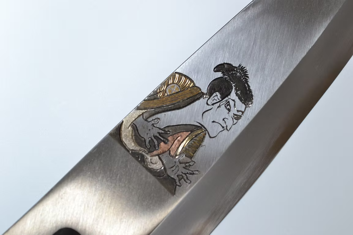 Sakai Takayuki Metal Decorated Engraving by Kubota Ukiyoe - Male White Steel Kasumitogi Deba 210mm Magnolia (Ferrule: Water Buffalo Horn) Handle