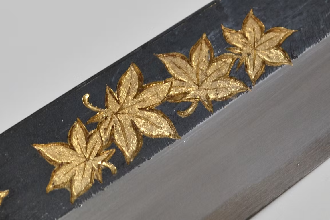 Sakai Takayuki Gold Filled Engraving by Kubota Maple White Steel No.2 Black Finished Yanagiba 270mm Ebony Wood (ferrule: Black Water Buffalo Horn And Silver Ring) Handle