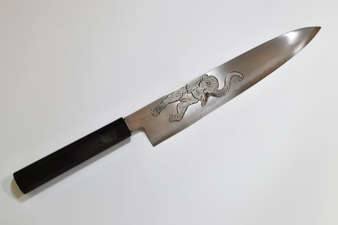 Sakai Takayuki Metal Decorated Engraving by Kubota Elephant Calf Silver Steel No.3 Gyuto 240mm Ebony Wood (ferrule: Black Water Buffalo Horn And Silver Ring) Handle