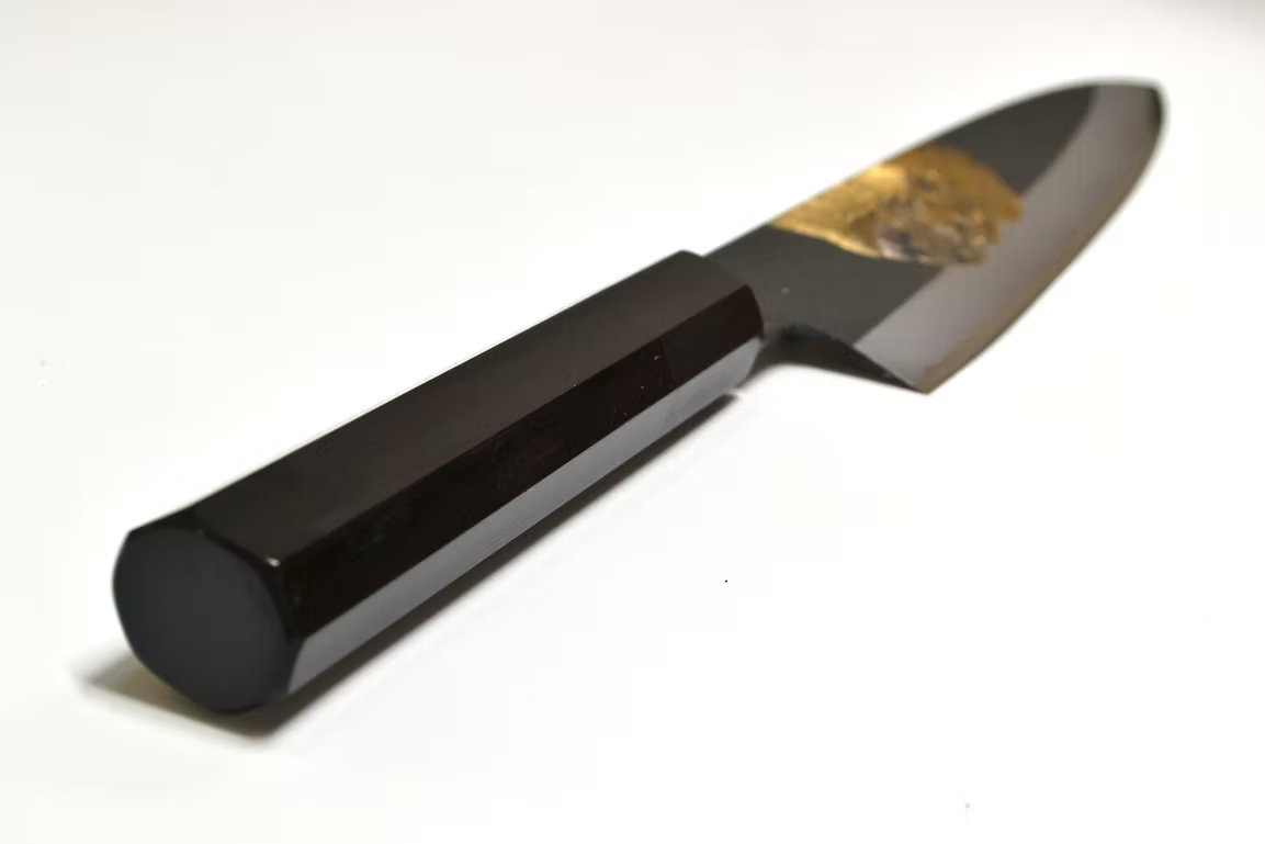 Sakai Takayuki Metal Decorated Engraving by Kubota Lion’s Roar White Steel No.2 Black Finished Gyuto 210mm Ebony Wood (ferrule: Black Water Buffalo Horn And Silver Ring) Handle