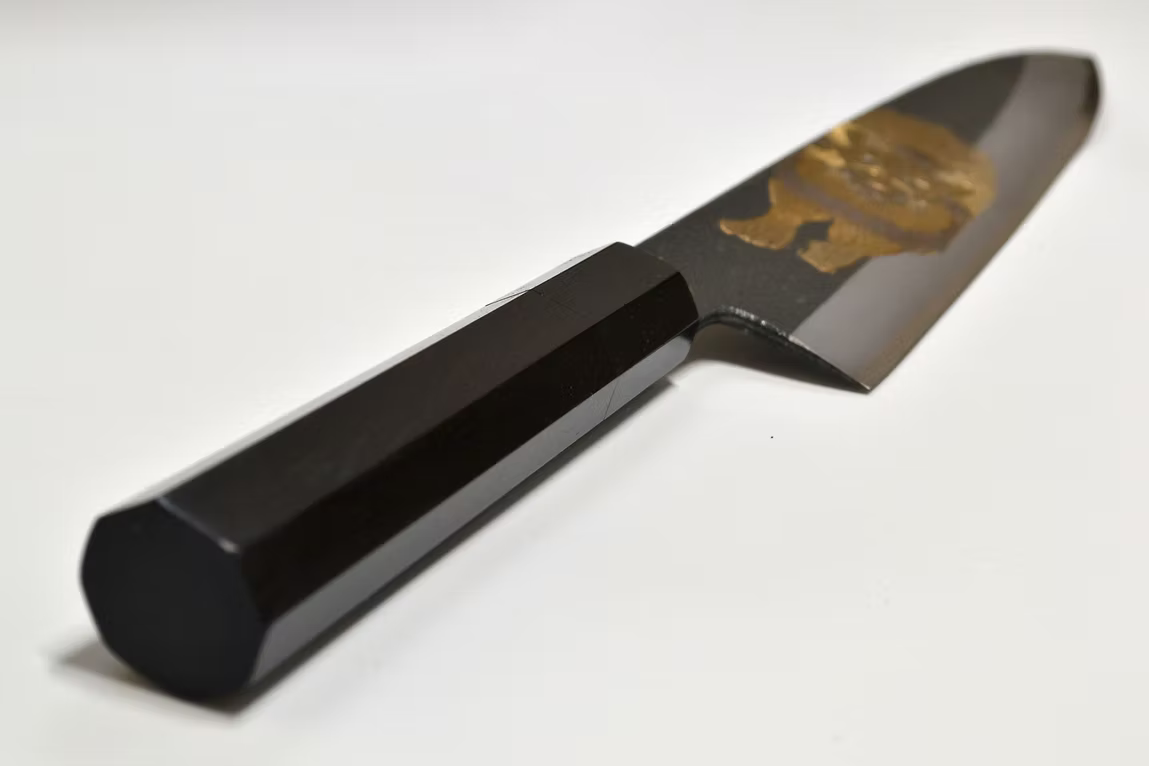 Sakai Takayuki Metal Decorated Engraving by Kubota King of the Beasts White Steel No.2 Black Finished Gyuto 240mm Ebony Wood (ferrule: Black Water Buffalo Horn And Silver Ring) Handle