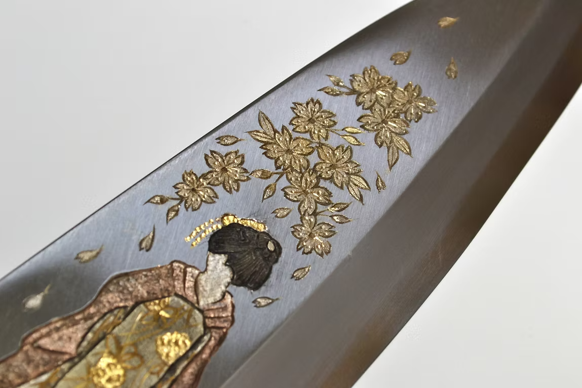 Sakai Takayuki Metal Decorated Engraving by Kubota Maiko and Sakura White Steel Kasumitogi Deba 240mm Magnolia (Ferrule: Water Buffalo Horn) Handle