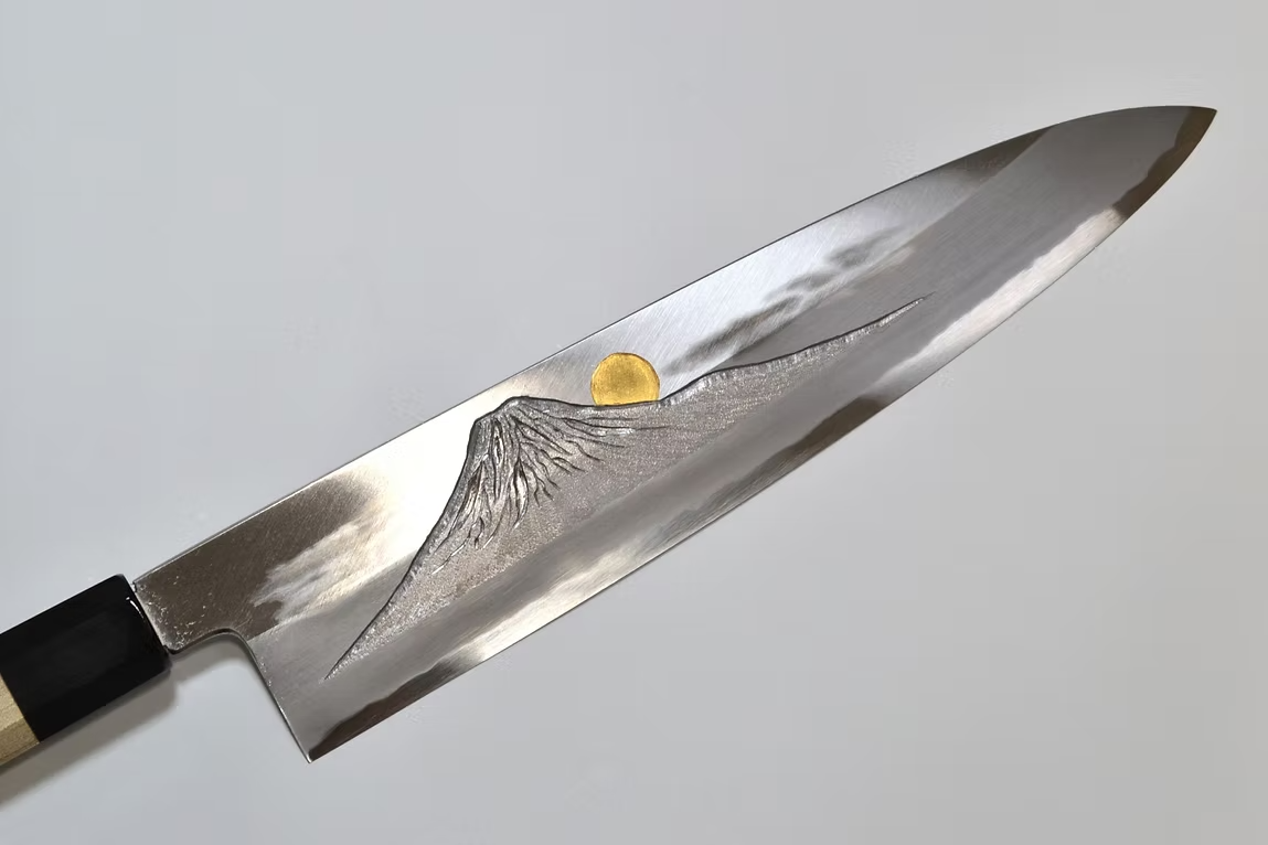 Sakai Takayuki Gold Filled Engraving by Kubota Sunset over Mt. Fuji Blue Steel No.2 Gyuto 240mm Magnolia (Ferrule: Water Buffalo Horn) Handle