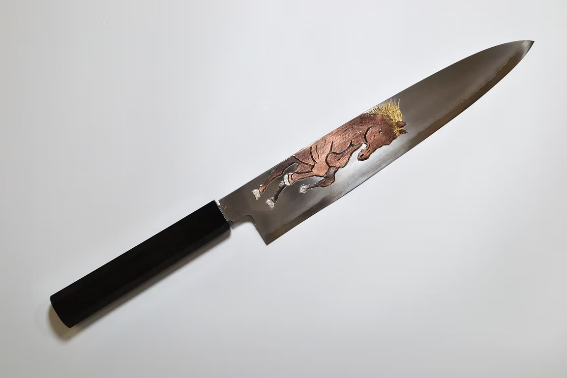 Sakai Takayuki Metal Decorated Engraving by Kubota Prancing Horse Silver Steel No.3 Gyuto 240mm Ebony Wood (ferrule: Black Water Buffalo Horn And Silver Ring) Handle