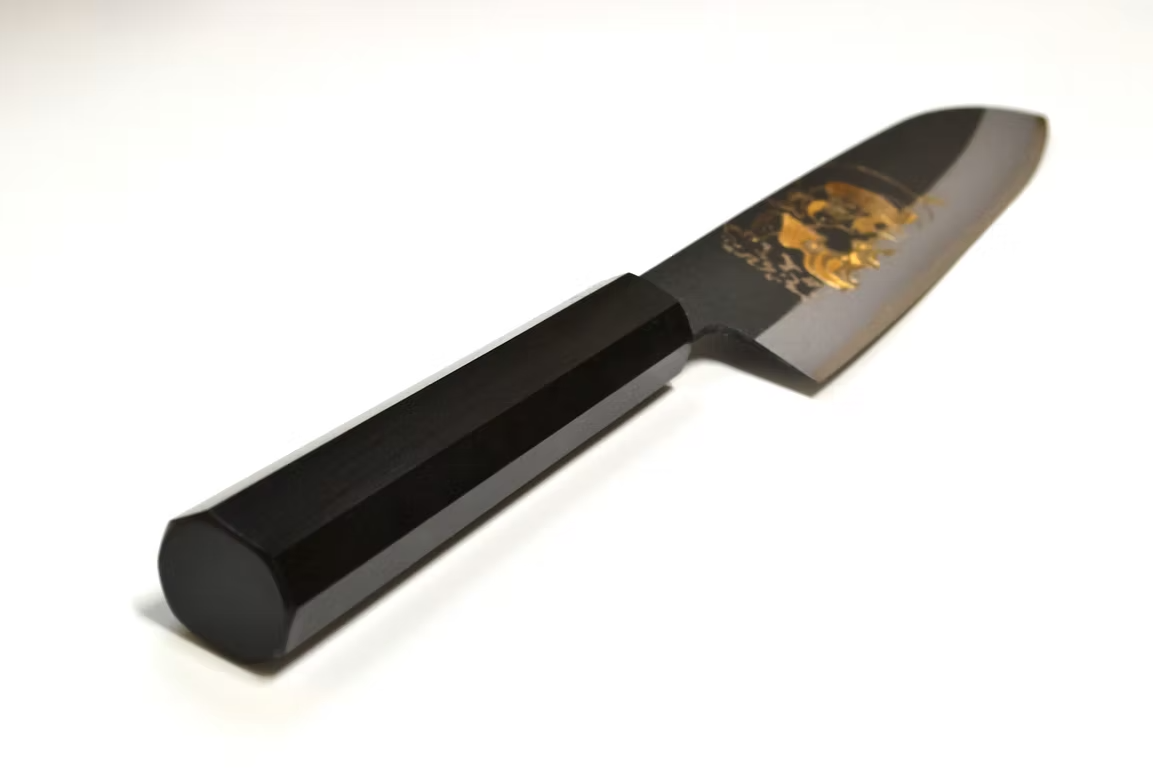 Sakai Takayuki Gold Filled Engraving by Kubota Fūjin White Steel No.2 Black Finished Santoku 180mm Ebony Wood (ferrule: Black Water Buffalo Horn And Silver Ring) Handle