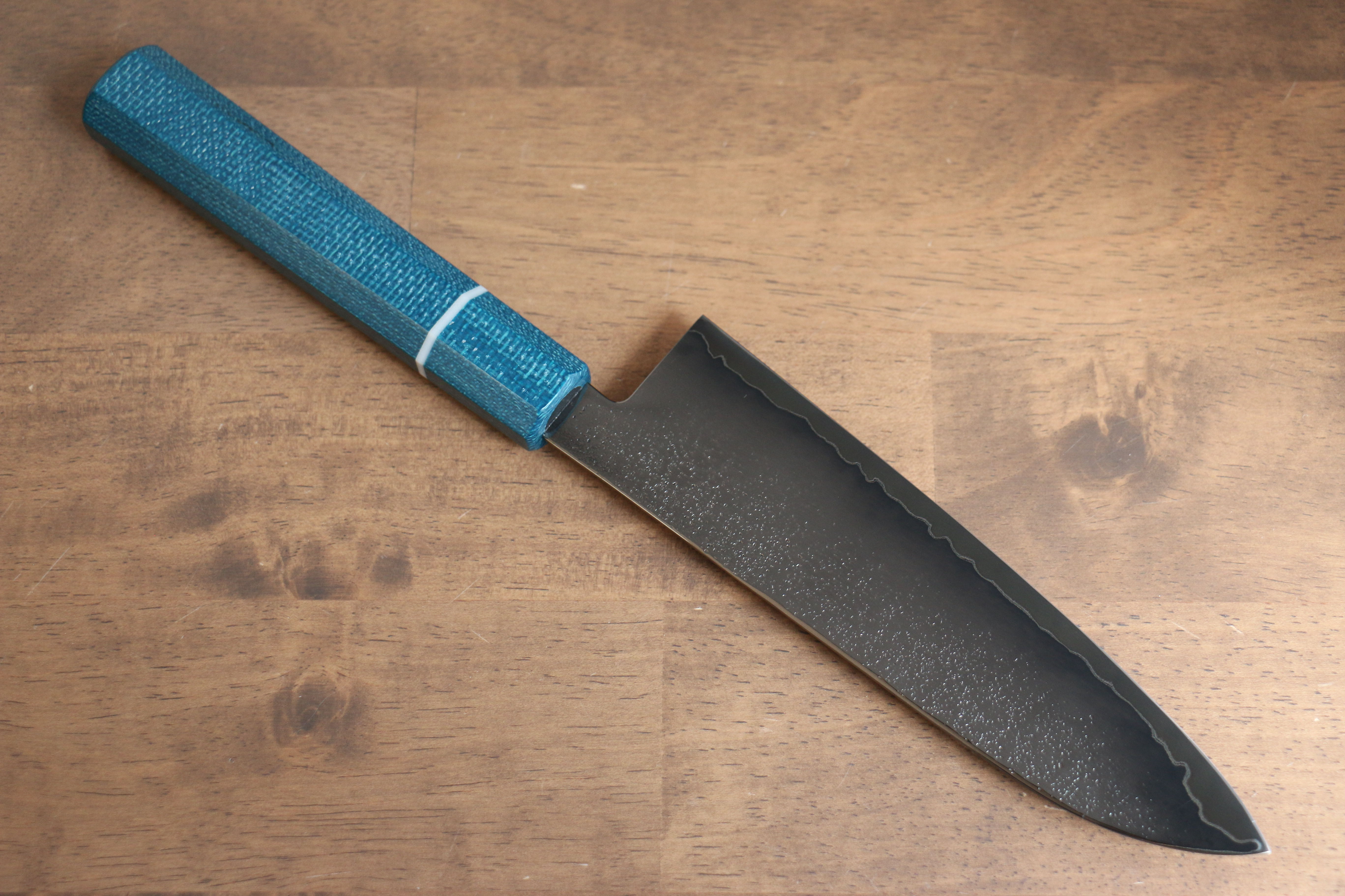 Seisuke VG5 Nashiji black dye Santoku 165mm Blue Canvas Micarta Handle - Japanny - Best Japanese Knife