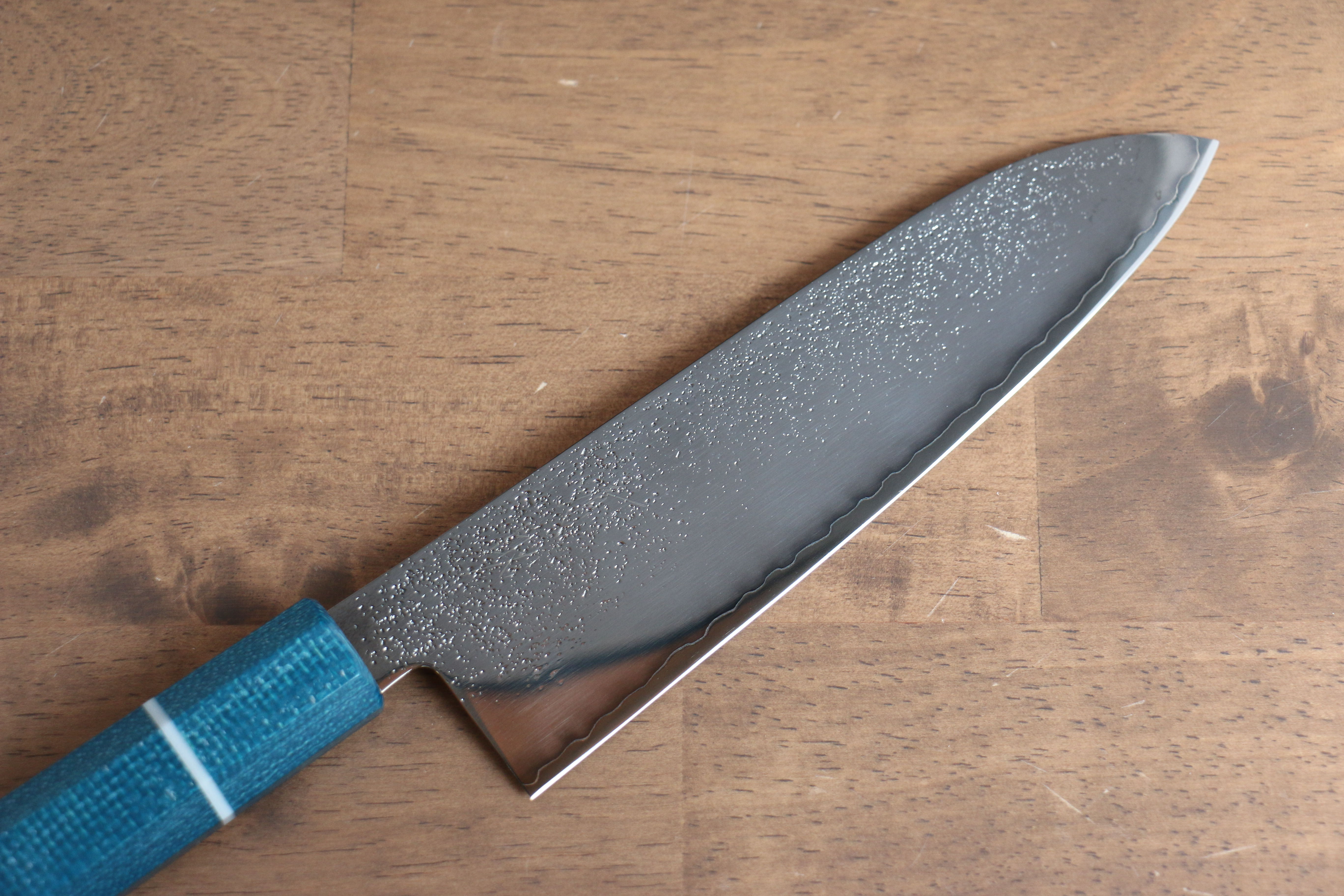 Seisuke VG5 Nashiji black dye Santoku 165mm Blue Canvas Micarta Handle - Japanny - Best Japanese Knife
