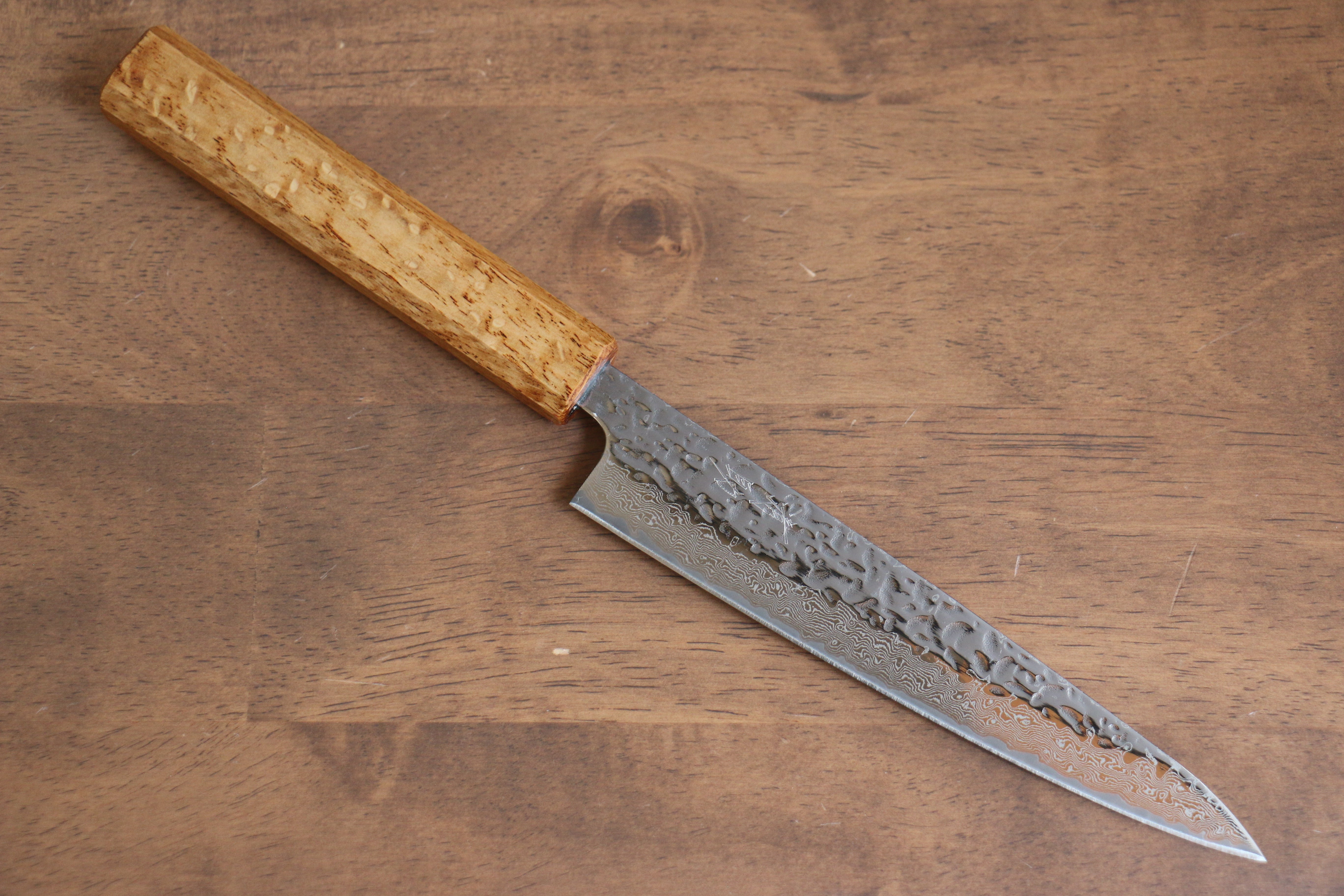 Seisuke Tsukikage AUS10 Migaki Finished Hammered Damascus Petty-Utility 150mm Oak Handle - Japanny - Best Japanese Knife