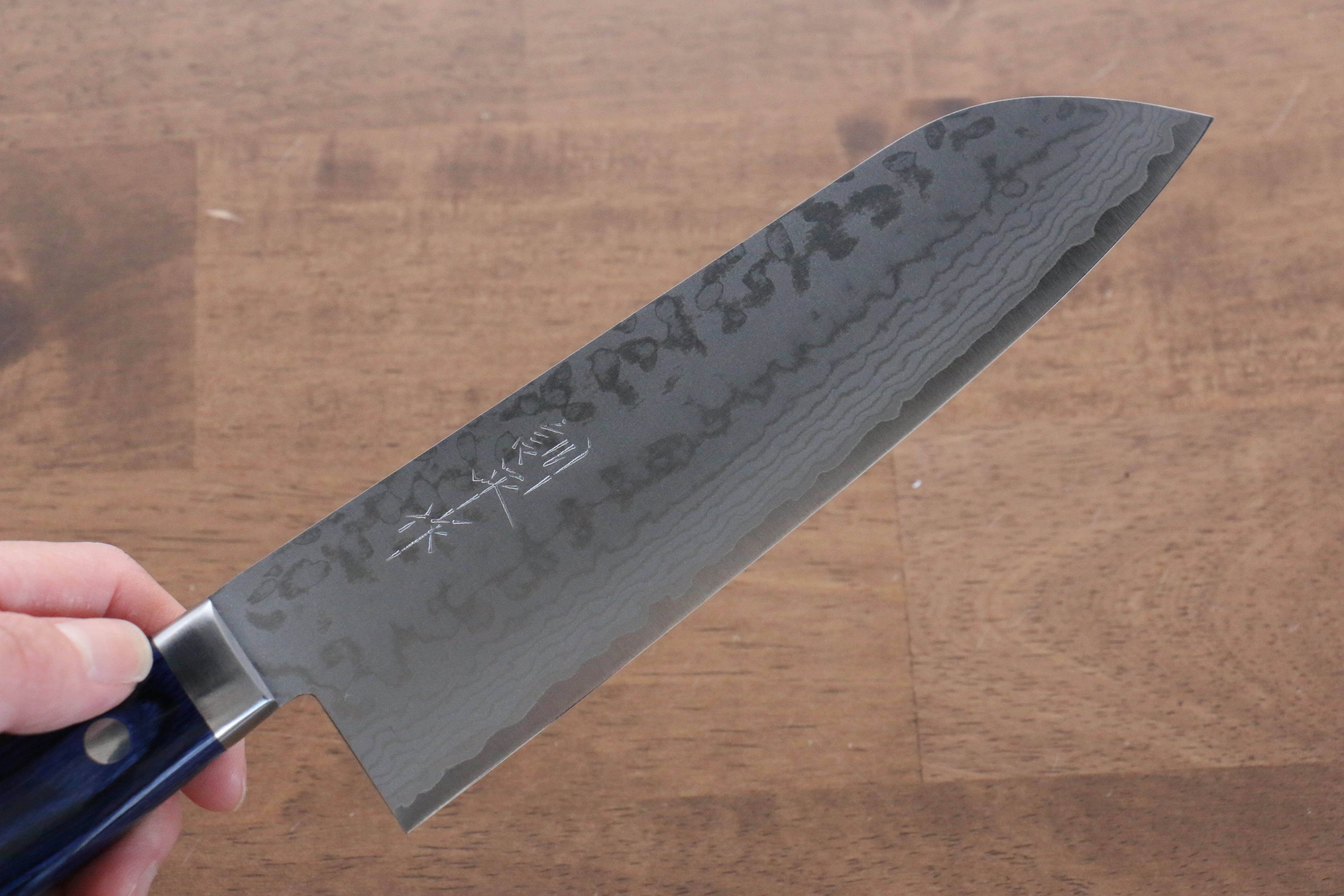 Kunihira Sairyu VG10 Damascus Santoku 170mm Blue Pakka wood Handle - Japanny - Best Japanese Knife