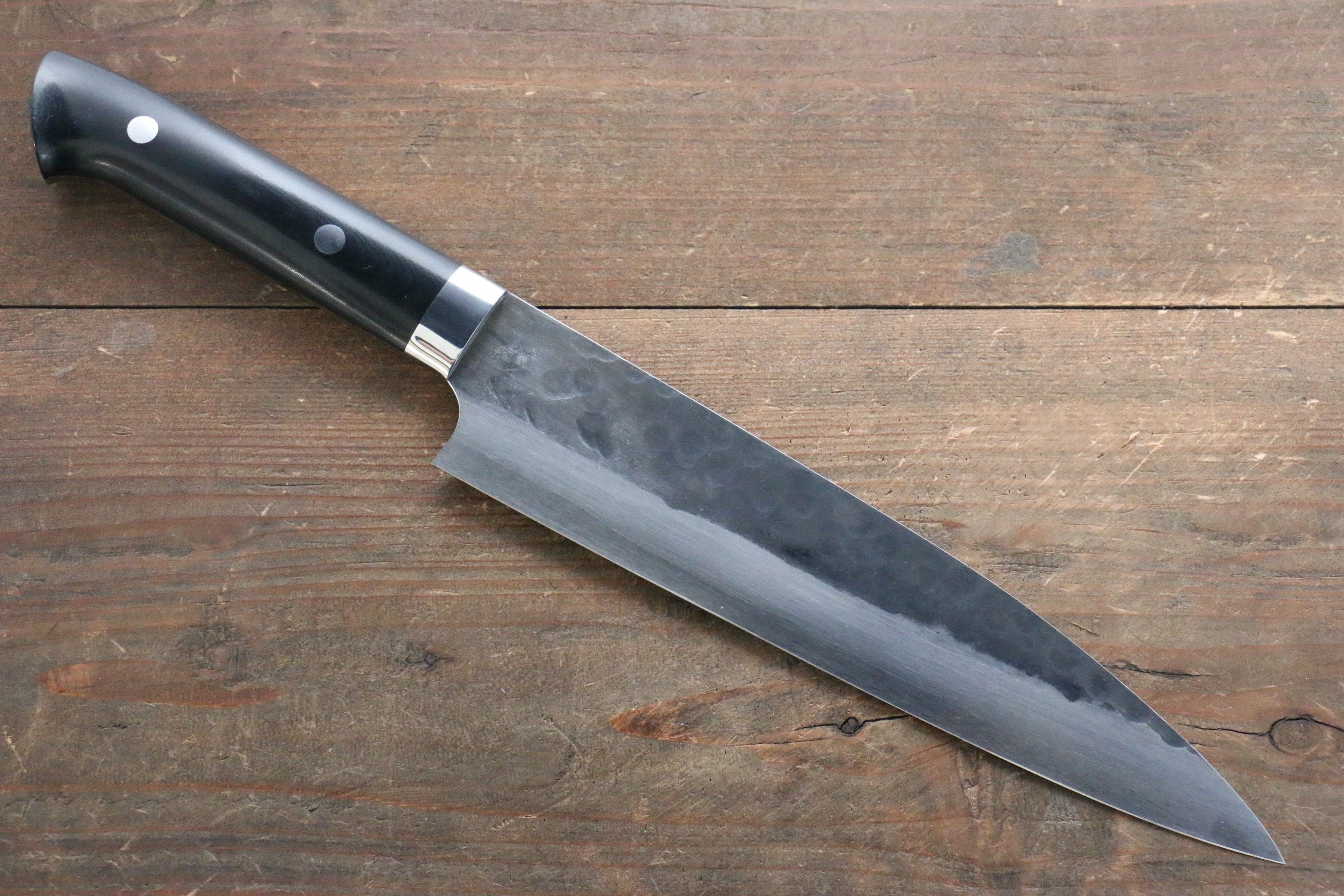 Shungo Ogata Blue Super Hammered Black Finished Gyuto 210mm Black Micarta Handle - Japanny - Best Japanese Knife