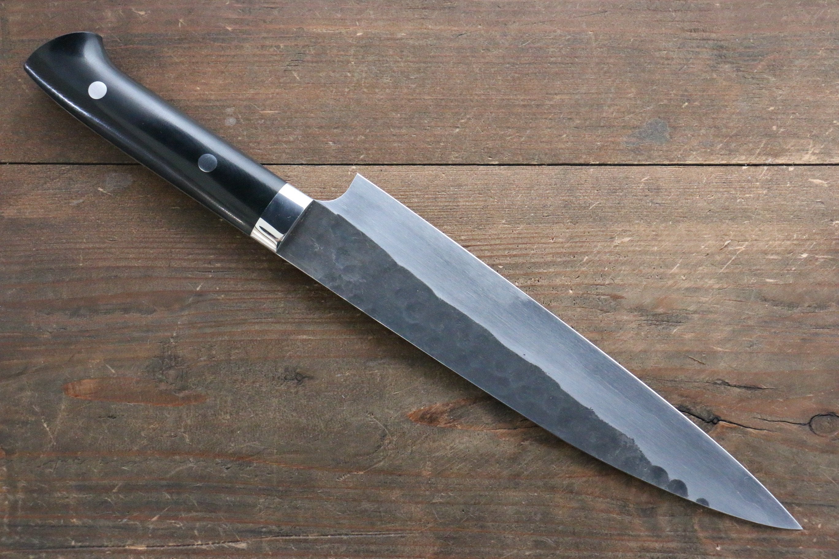 Shungo Ogata Blue Super Hammered Black Finished Gyuto 210mm Black Micarta Handle - Japanny - Best Japanese Knife