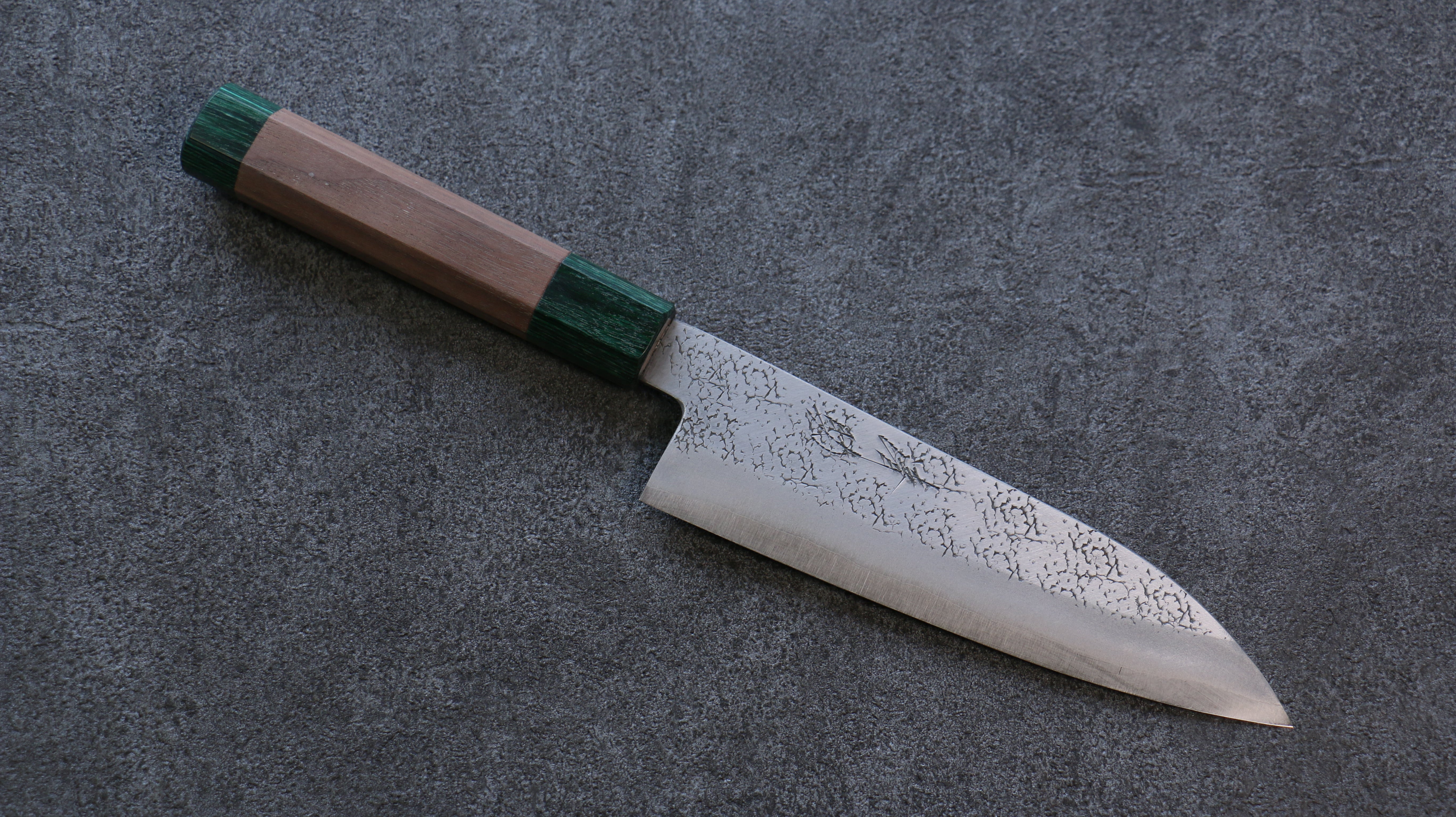 Seisuke Blue Super Hammered Santoku 165mm Walnut (With Double Green Pakka wood) Handle - Japanny - Best Japanese Knife