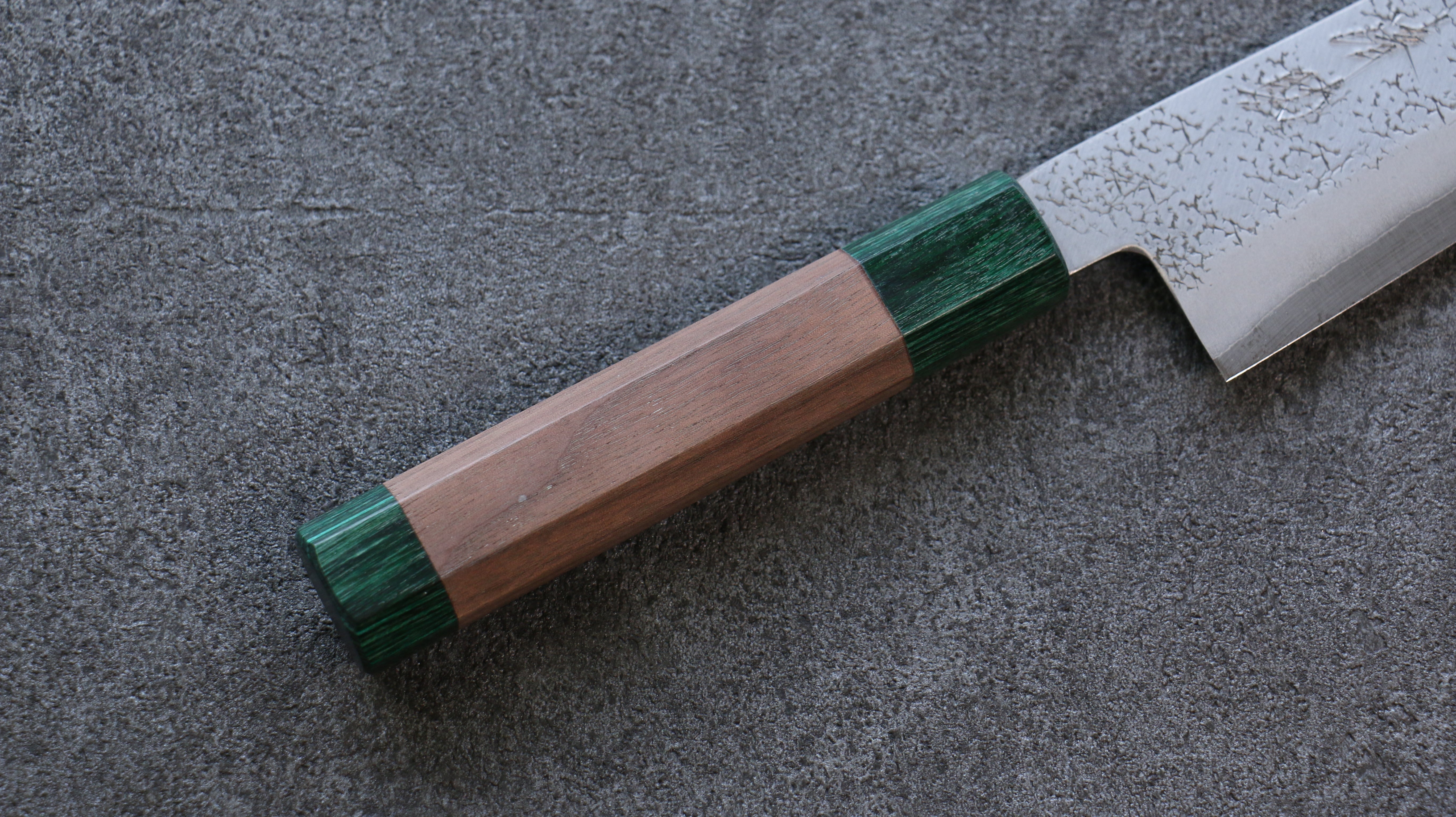 Seisuke Blue Super Hammered Santoku 165mm Walnut (With Double Green Pakka wood) Handle - Japanny - Best Japanese Knife