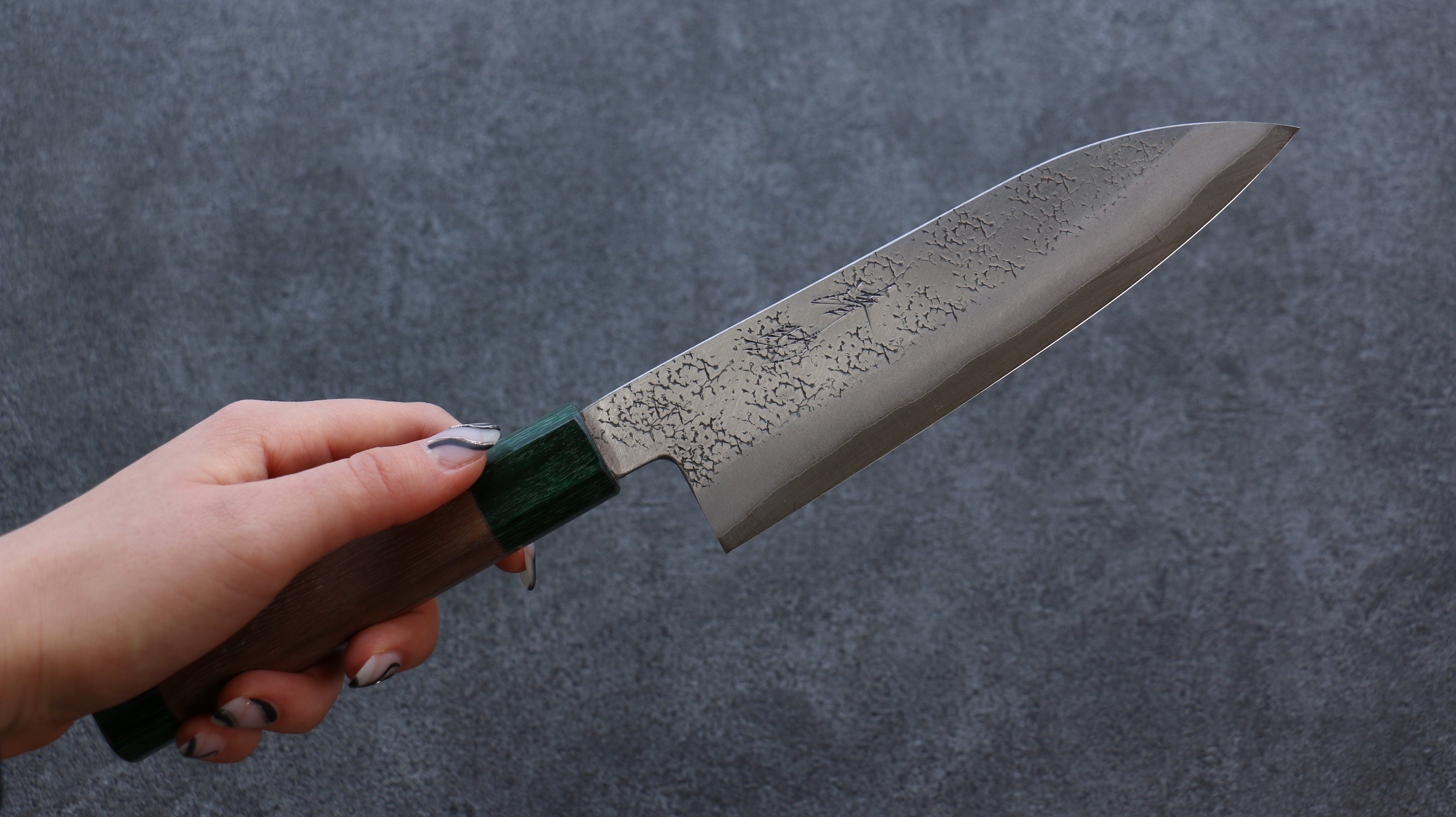 Seisuke Blue Super Hammered Santoku 165mm Walnut (With Double Green Pakka wood) Handle - Japanny - Best Japanese Knife