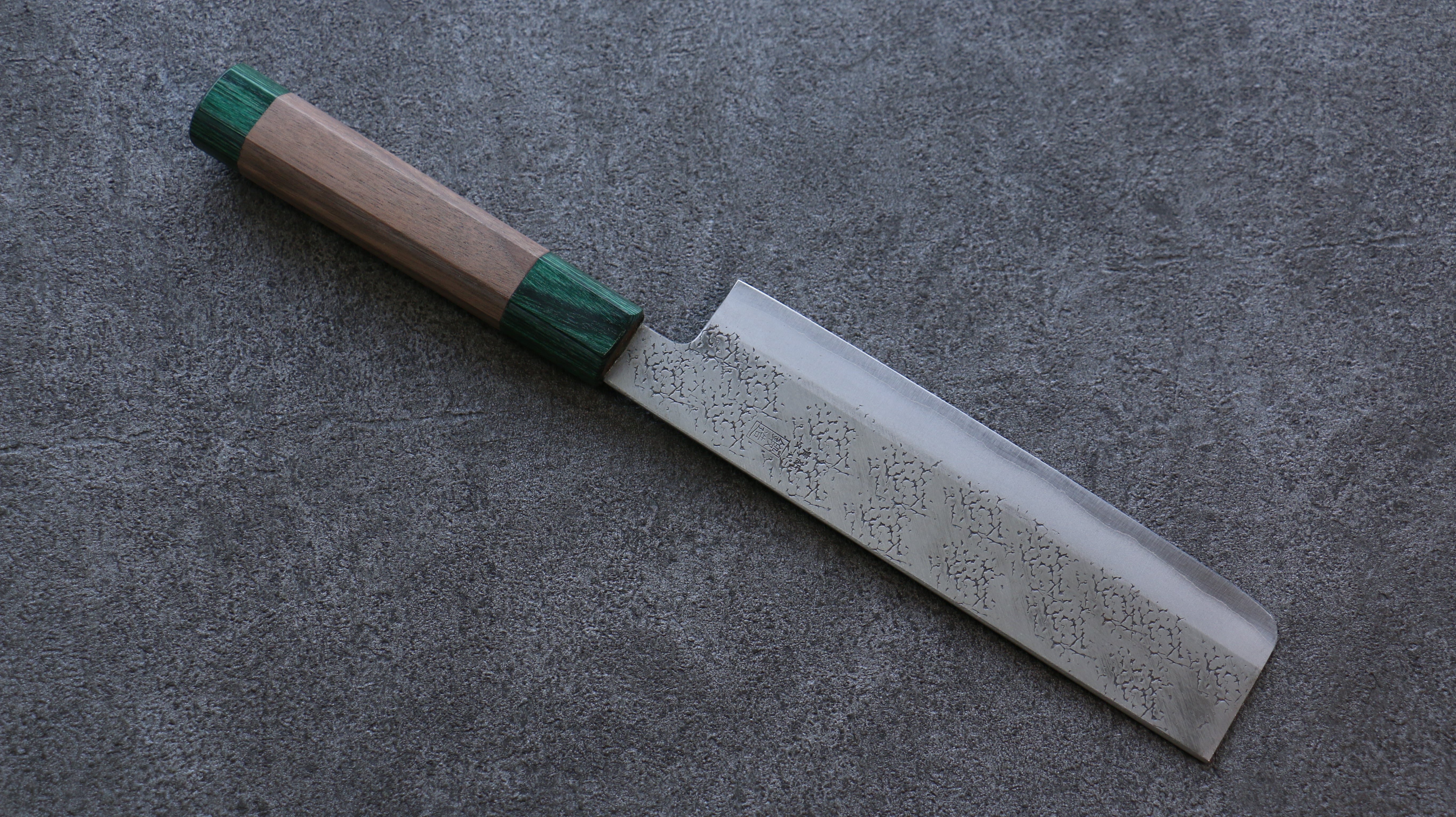 Seisuke Blue Super Hammered Nakiri 165mm Walnut (With Double Green Pakka wood) Handle - Japanny - Best Japanese Knife