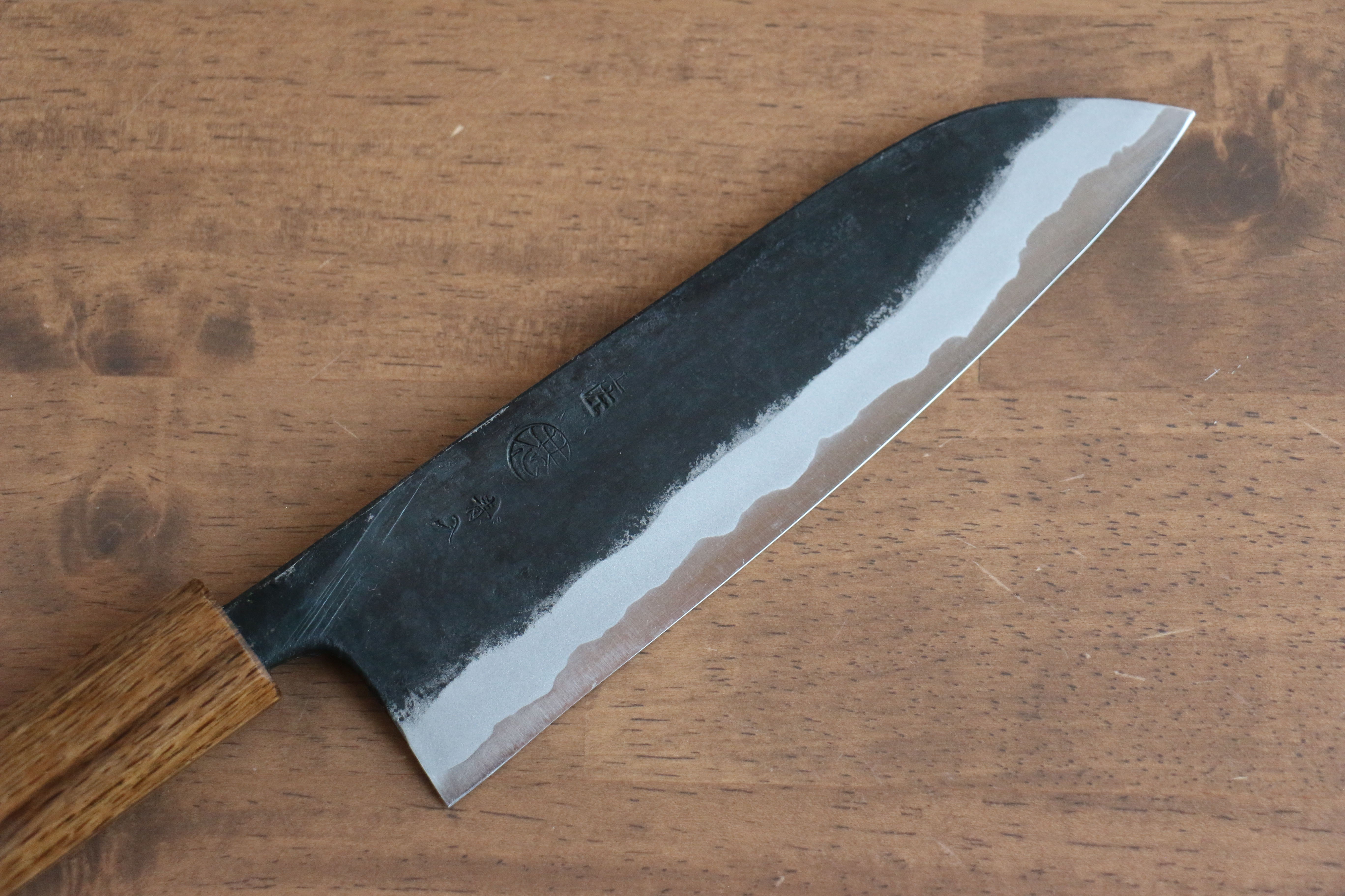 Kyohei Shindo Blue Steel Black Finished Santoku 170mm Live oak Lacquered Handle - Japanny - Best Japanese Knife