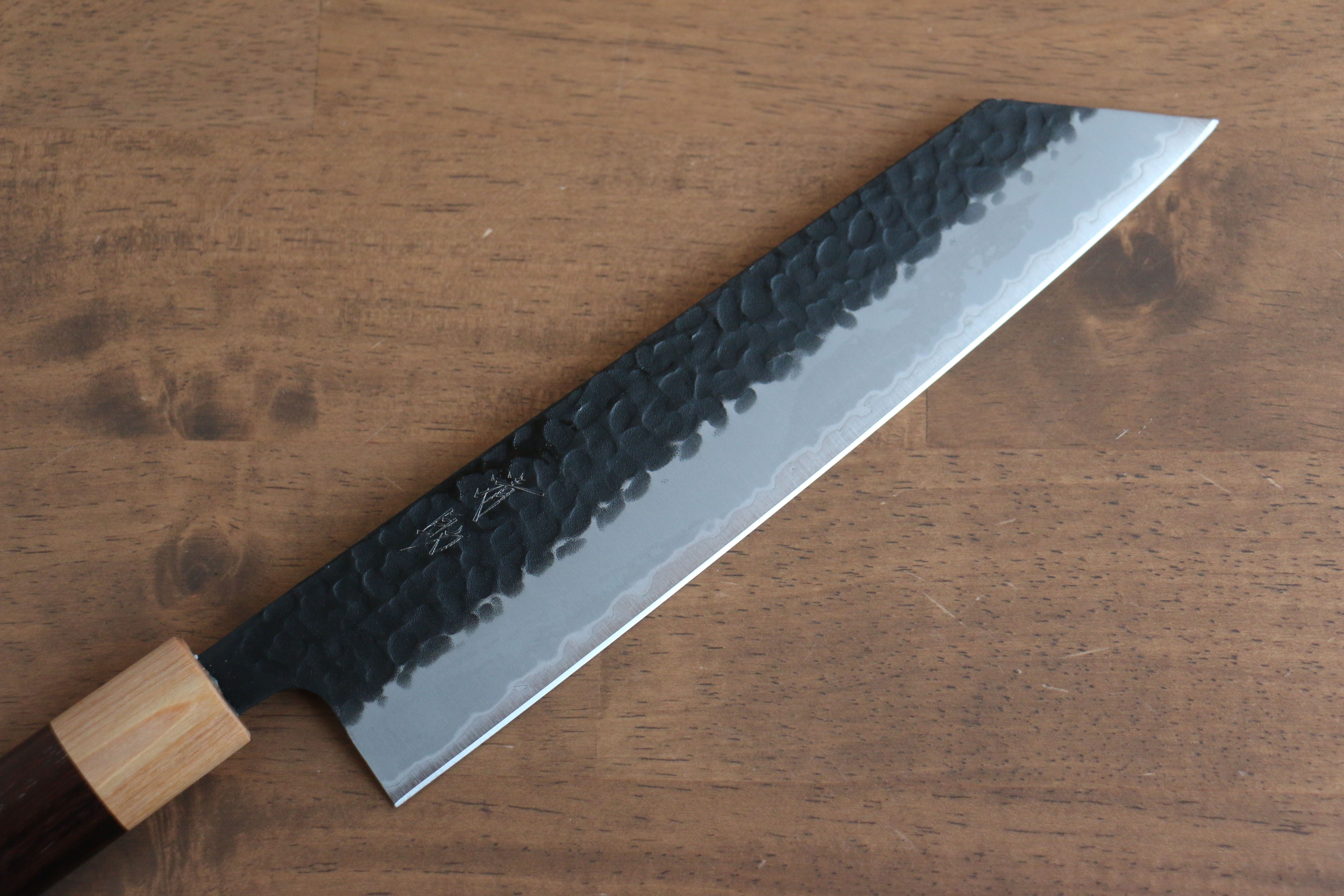 Seisuke Shitan Blue Super Hammered Kurouchi Kiritsuke 210mm Shitan Handle - Japanny - Best Japanese Knife