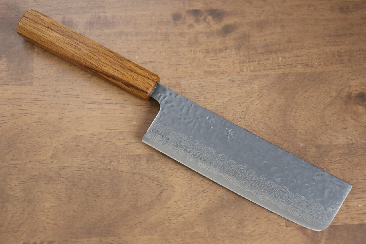 Seisuke Tsukikage AUS10 Migaki Finished Hammered Damascus Nakiri 170mm Oak Handle - Japanny - Best Japanese Knife