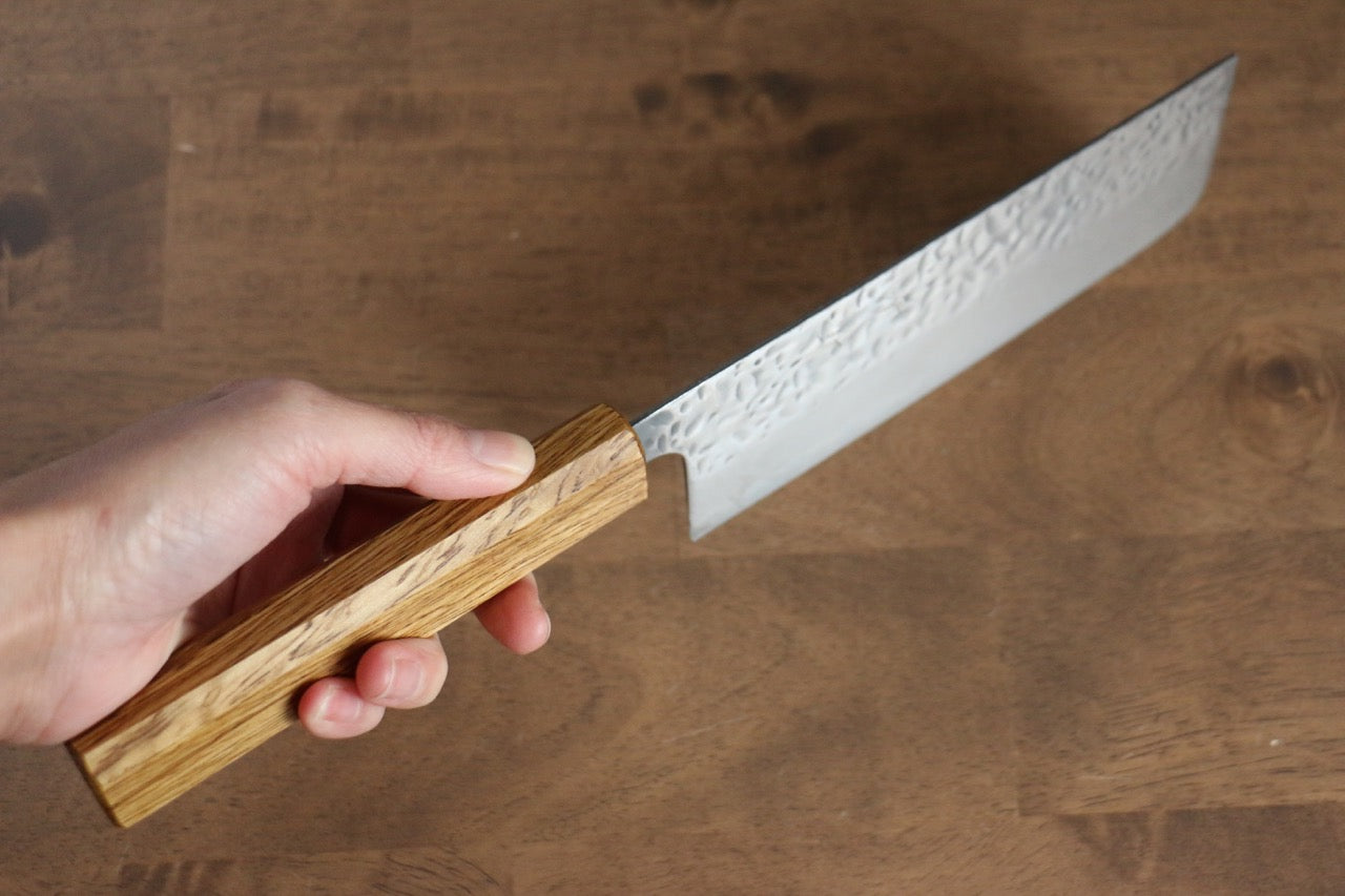Seisuke Tsukikage AUS10 Migaki Finished Hammered Damascus Nakiri 170mm Oak Handle - Japanny - Best Japanese Knife