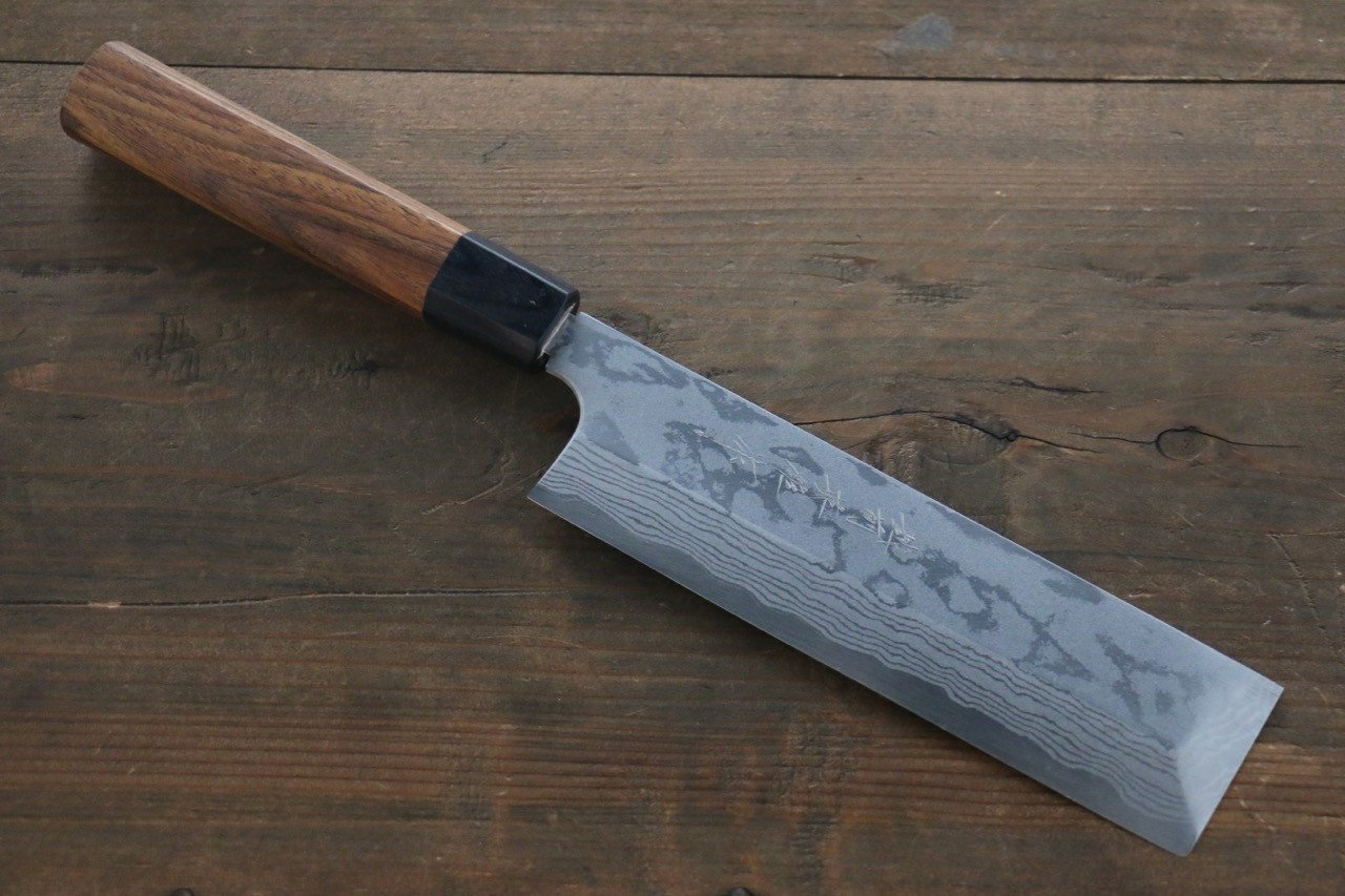 Hideo Kitaoka Blue Steel No.2 Damascus Kakugata Usuba 165mm Shitan Handle - Japanny - Best Japanese Knife