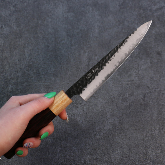 Seisuke Shitan Blue Super Hammered Kurouchi Petty-Utility 135mm Shitan Handle - Japanny - Best Japanese Knife