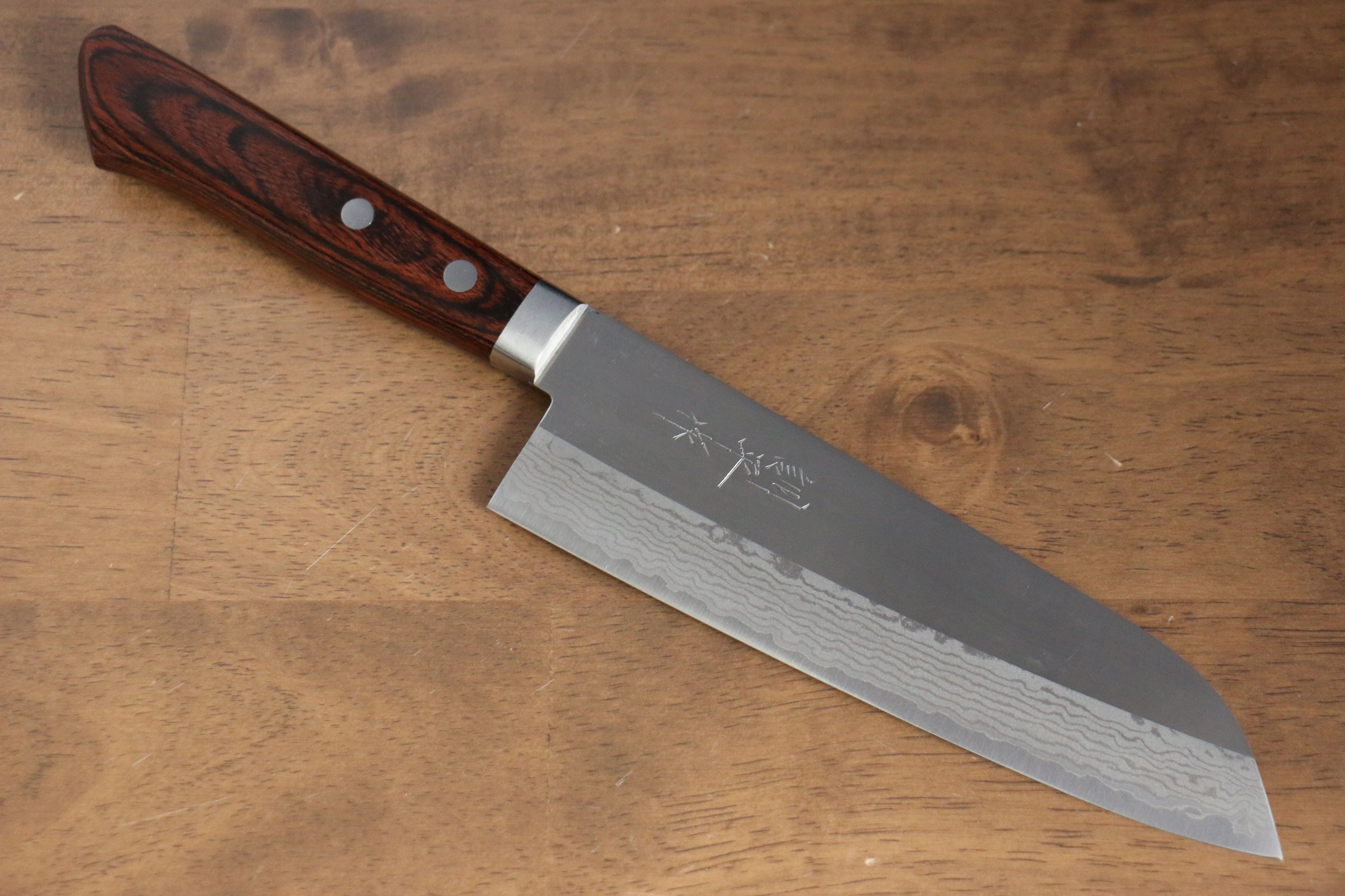 Kunihira Sairyu VG10 Migaki Finished Damascus Santoku 170mm Mahogany Handle - Japanny - Best Japanese Knife