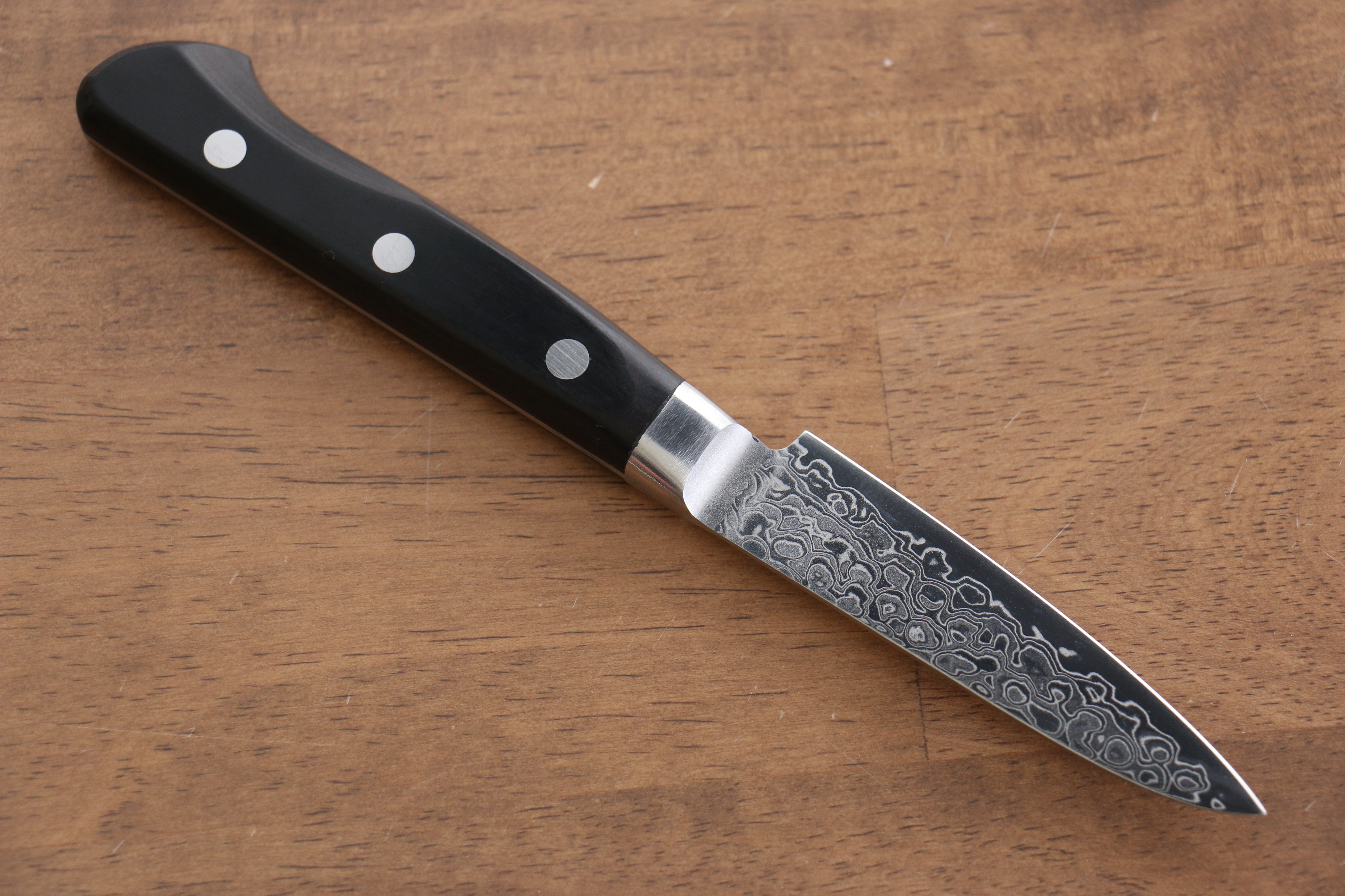 Seisuke AUS10 45 Layer Mirrored Finish Damascus Petty-Utility 80mm Black Pakka wood Handle - Japanny - Best Japanese Knife