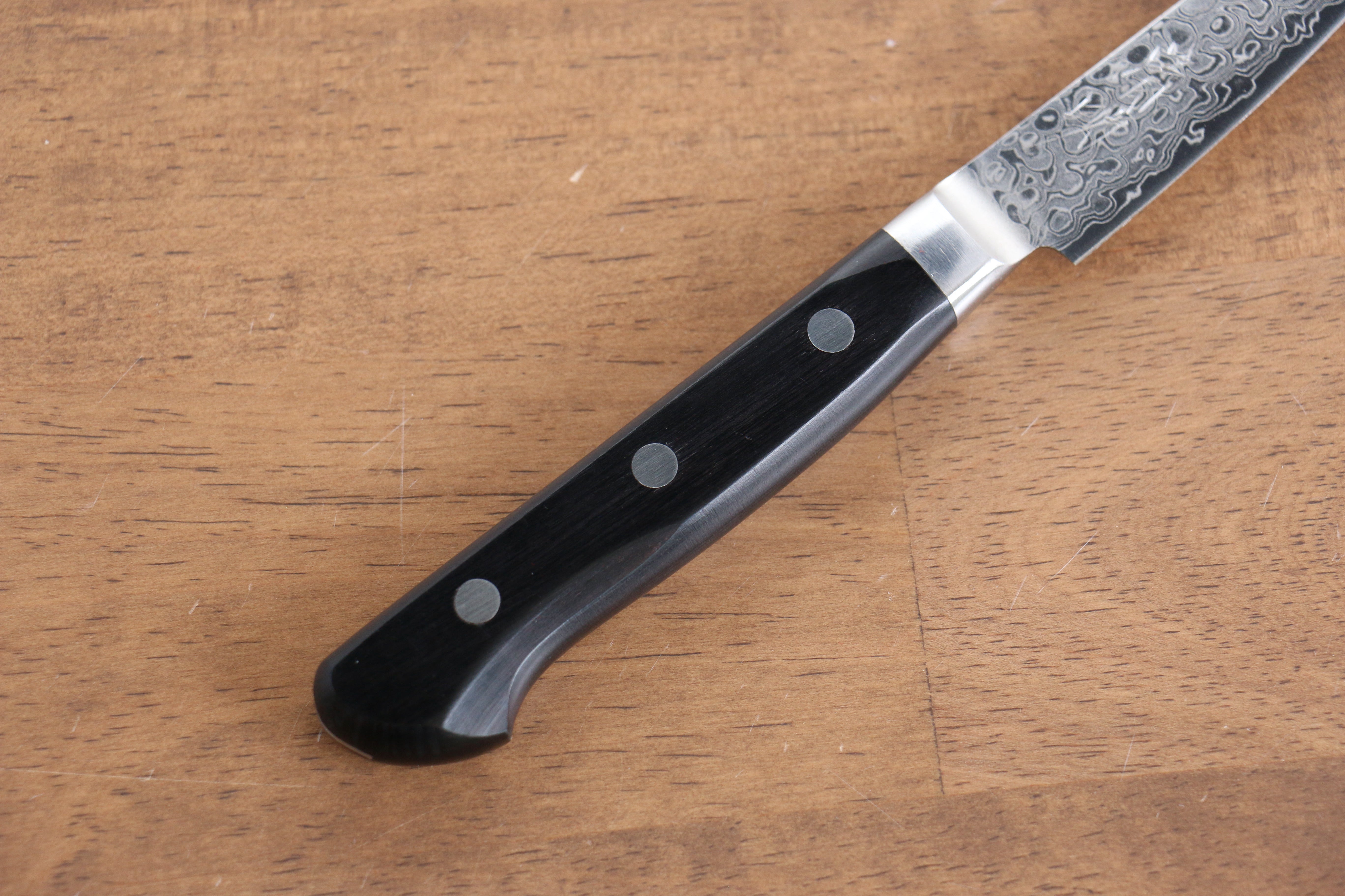 Seisuke AUS10 45 Layer Mirrored Finish Damascus Petty-Utility 80mm Black Pakka wood Handle - Japanny - Best Japanese Knife